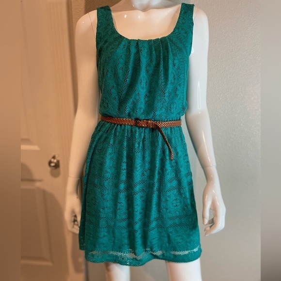 As U Wish~Turquoise Crochet Lace Belted Mini Dress~Fully Lined~Sleeveless~Size S - Picture 1 of 15